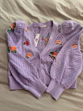 Alice + Olivia Lavender Openwork Floral Puff-Sleeve Cardigan